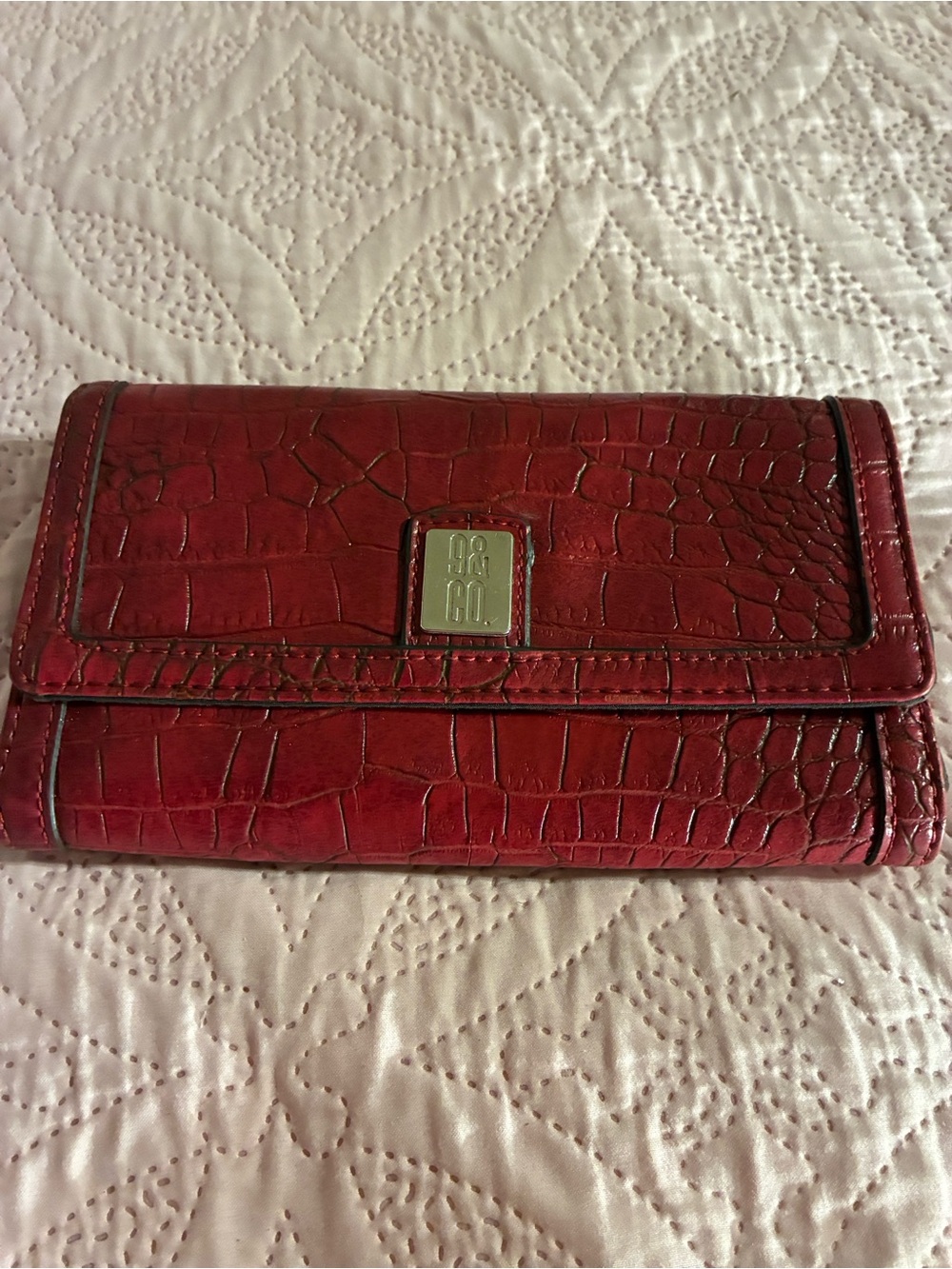 Croc-Embossed Red Women's Wallet with Metal Logo Plaque